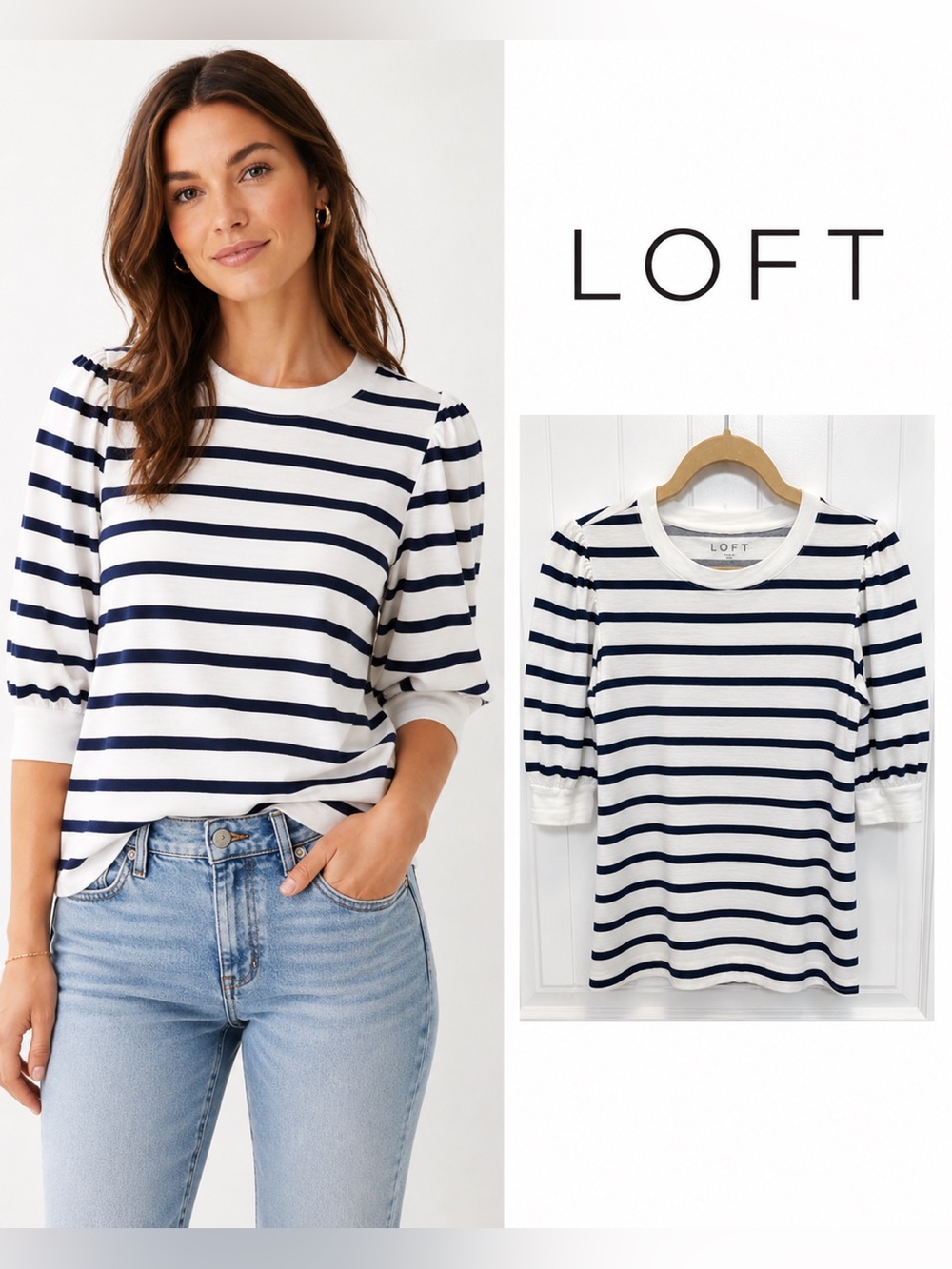 LOFT Navy & White Striped Puff Sleeve Tee